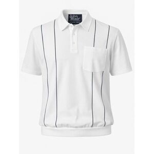 John Blair-90's Vtg, White/Navy, Banded Waist, Short Sleeve, Polo, Shirt. Size-M